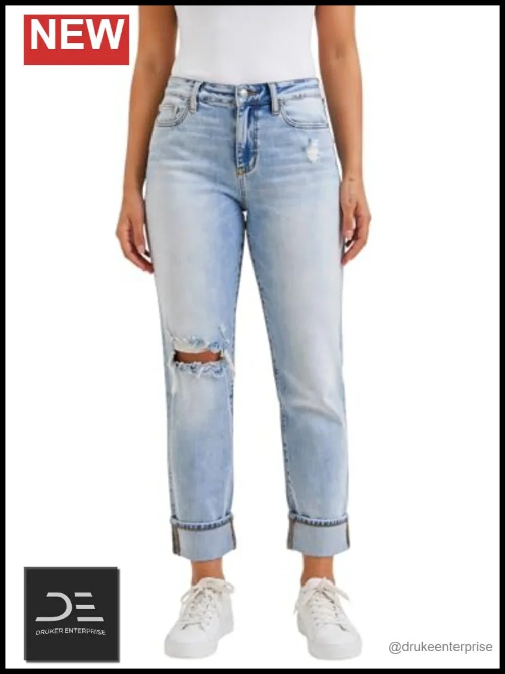 Boyfriend Jeans Mid Rise Distressed Rolled Cuff Denim with Bandana Loop Detail